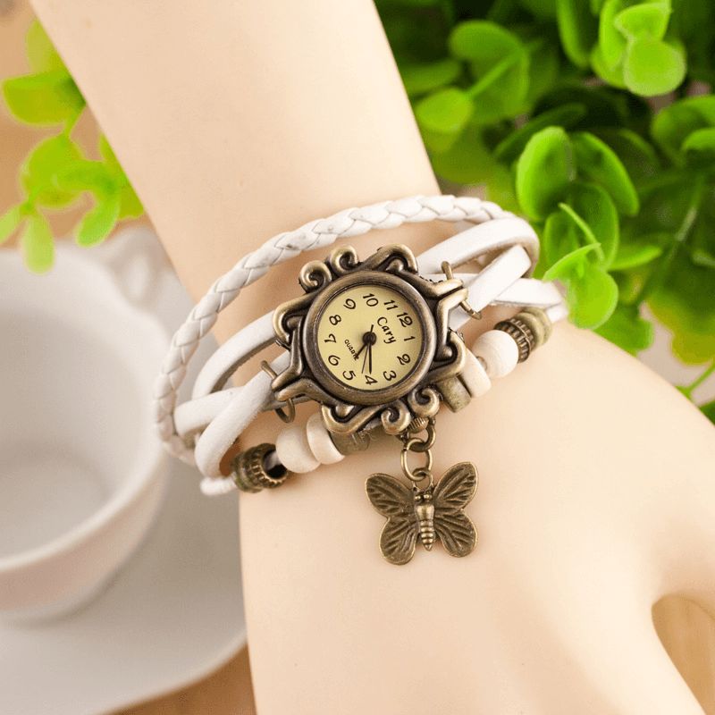 Deffrun Retro Style Multilayer Kvinder Armbånd Watch Butterfly Pendant Quartz Ure