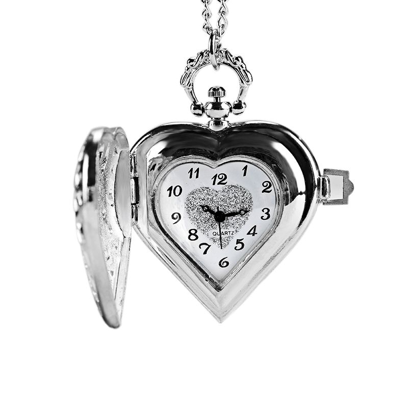 Deffrun Silver Heart Shape Hult Kvarts Lommeur