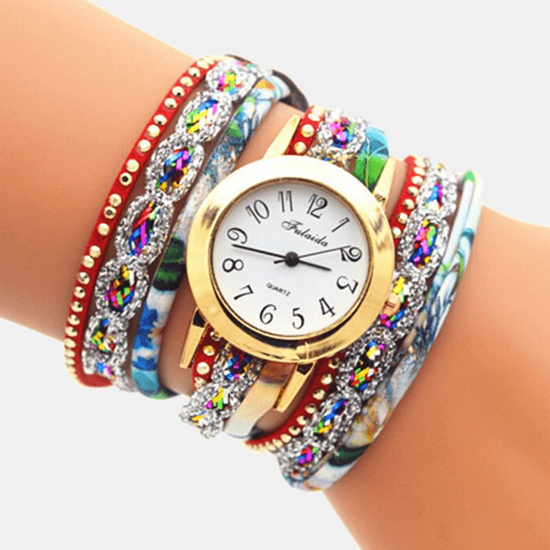 Deffrun Vintage Farverigt Udskrivning Kvinder Armbånd Watch Multi-Layer Metal Rhinestone Pu Quartz ur