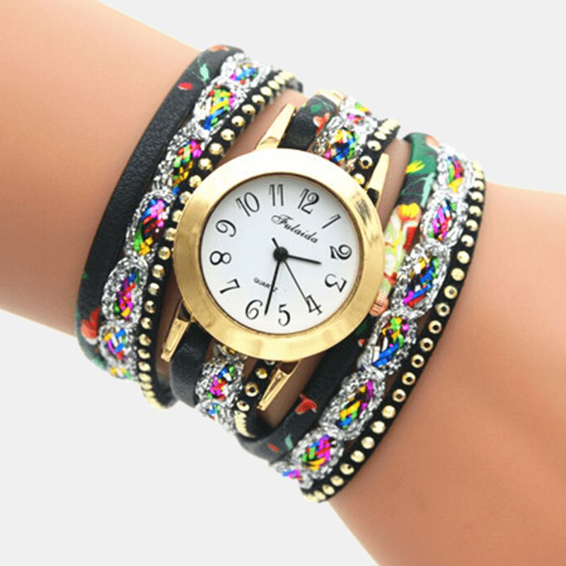 Deffrun Vintage Farverigt Udskrivning Kvinder Armbånd Watch Multi-Layer Metal Rhinestone Pu Quartz ur