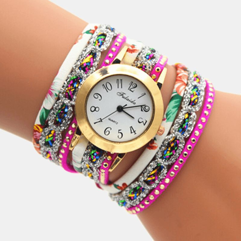 Deffrun Vintage Farverigt Udskrivning Kvinder Armbånd Watch Multi-Layer Metal Rhinestone Pu Quartz ur