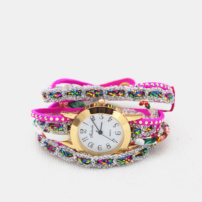 Deffrun Vintage Farverigt Udskrivning Kvinder Armbånd Watch Multi-Layer Metal Rhinestone Pu Quartz ur