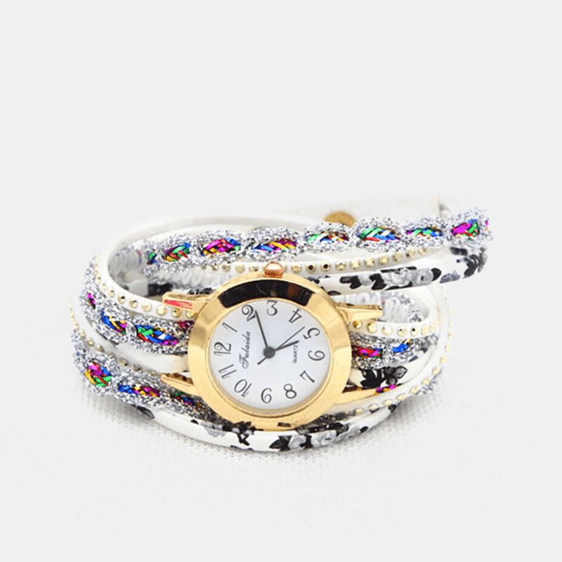 Deffrun Vintage Farverigt Udskrivning Kvinder Armbånd Watch Multi-Layer Metal Rhinestone Pu Quartz ur