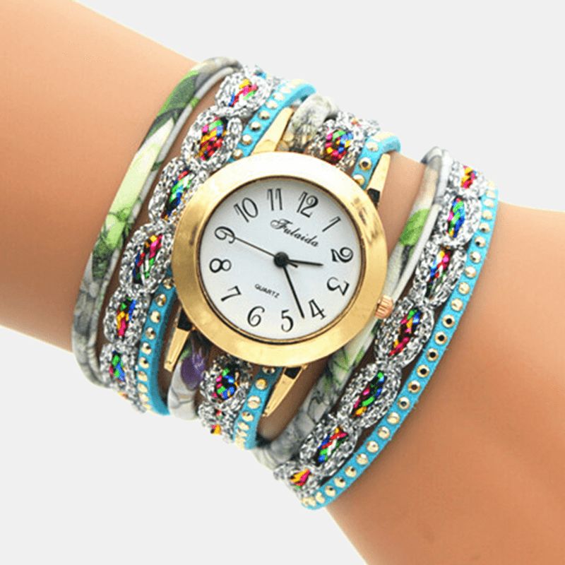 Deffrun Vintage Farverigt Udskrivning Kvinder Armbånd Watch Multi-Layer Metal Rhinestone Pu Quartz ur