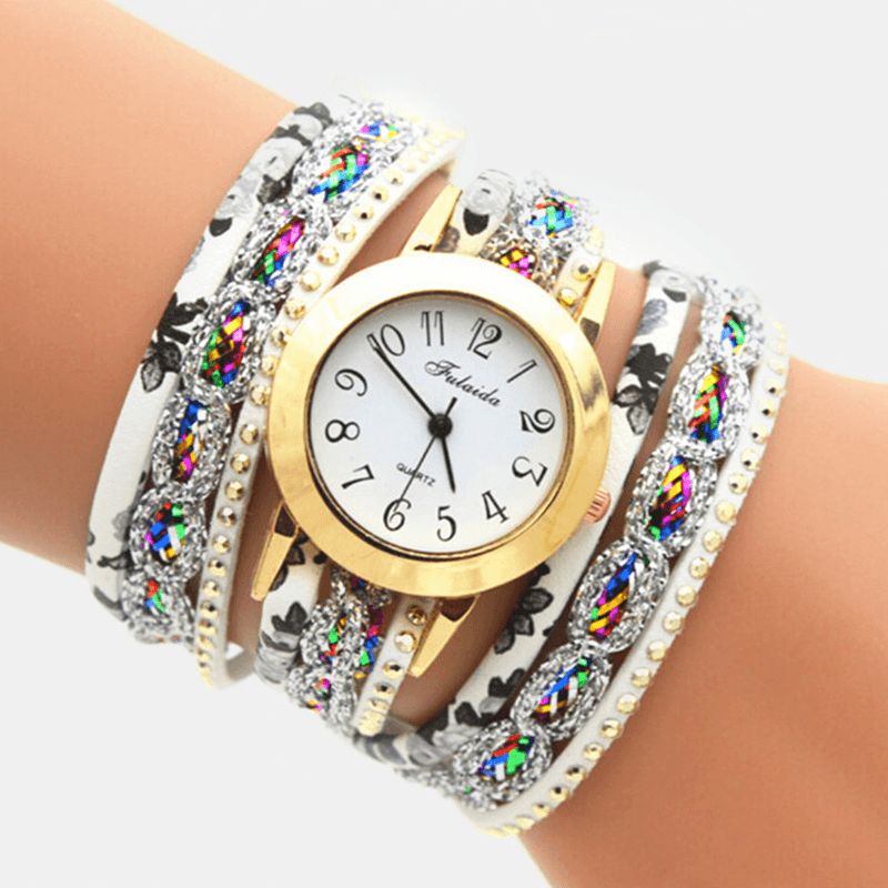 Deffrun Vintage Farverigt Udskrivning Kvinder Armbånd Watch Multi-Layer Metal Rhinestone Pu Quartz ur