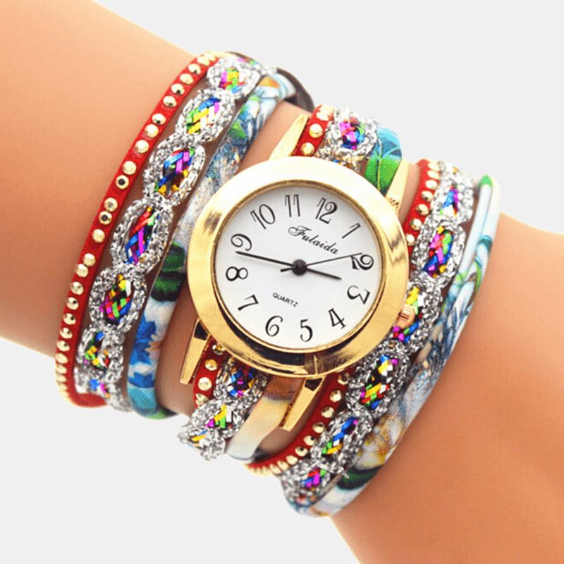 Deffrun Vintage Farverigt Udskrivning Kvinder Armbånd Watch Multi-Layer Metal Rhinestone Pu Quartz ur