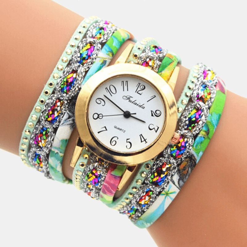 Deffrun Vintage Farverigt Udskrivning Kvinder Armbånd Watch Multi-Layer Metal Rhinestone Pu Quartz ur