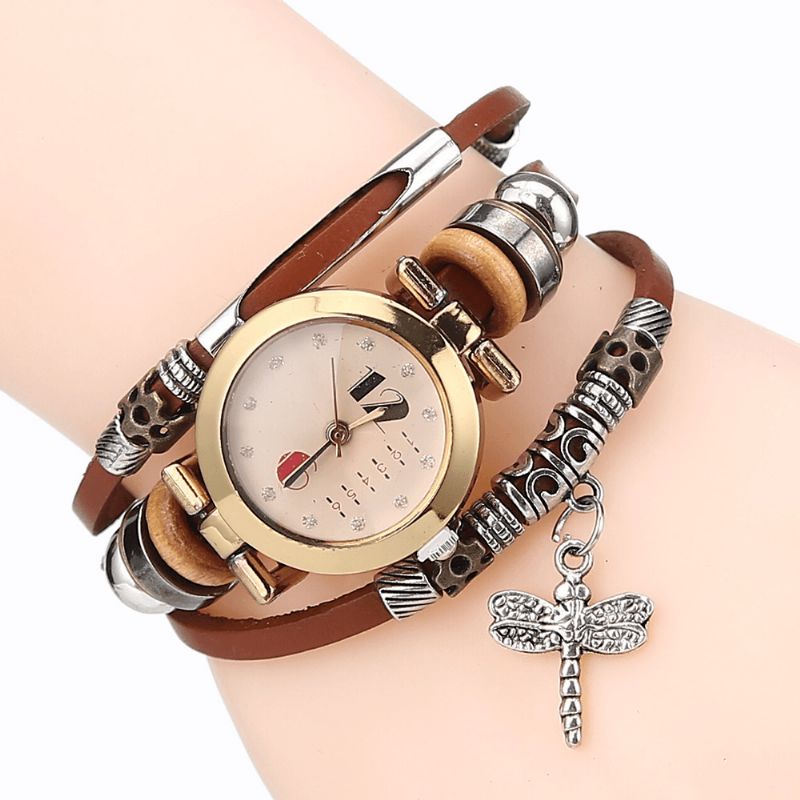 Deffrun Vintage Flerlags Dame Armbåndsur Diamond Dragonfly Pendant Læder Band Quartz ur