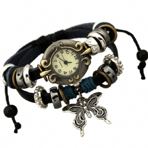 Deffrun Vintage Flerlags Ko Læder Kvinder Armbånd Watch Butterfly Pendant Quartz ur