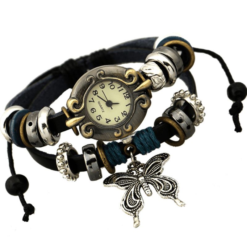 Deffrun Vintage Flerlags Ko Læder Kvinder Armbånd Watch Butterfly Pendant Quartz ur