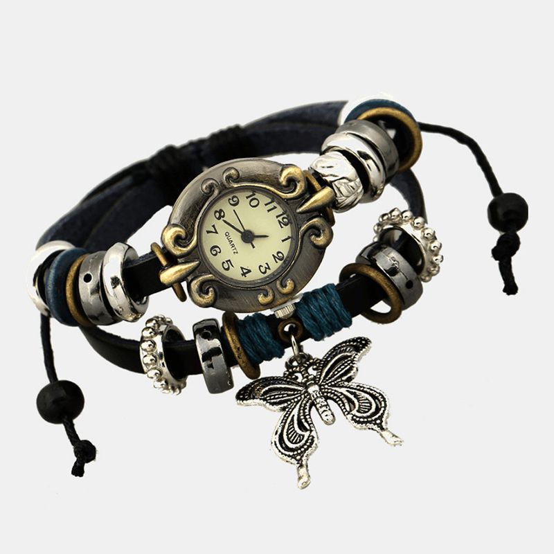 Deffrun Vintage Flerlags Ko Læder Kvinder Armbånd Watch Butterfly Pendant Quartz ur