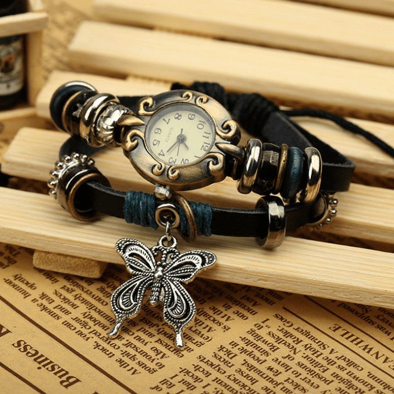 Deffrun Vintage Flerlags Ko Læder Kvinder Armbånd Watch Butterfly Pendant Quartz ur