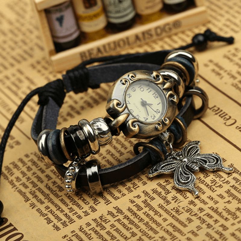 Deffrun Vintage Flerlags Ko Læder Kvinder Armbånd Watch Butterfly Pendant Quartz ur