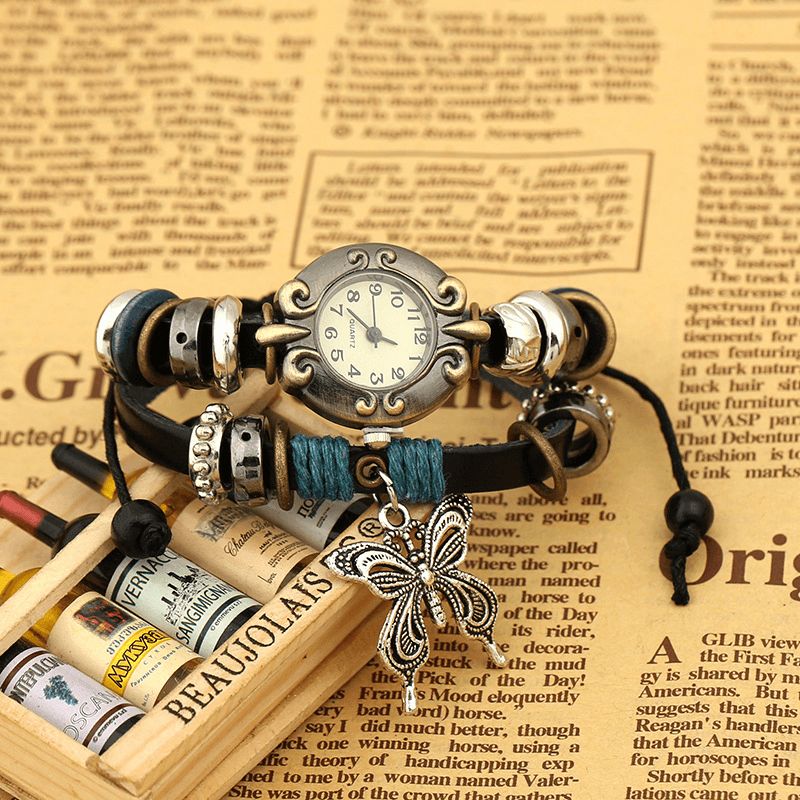 Deffrun Vintage Flerlags Ko Læder Kvinder Armbånd Watch Butterfly Pendant Quartz ur