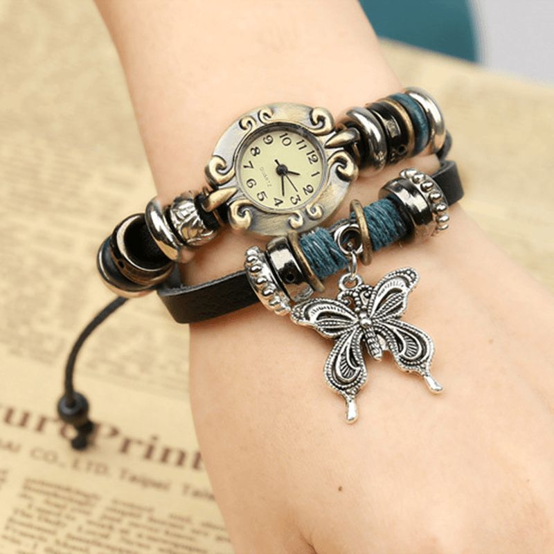 Deffrun Vintage Flerlags Ko Læder Kvinder Armbånd Watch Butterfly Pendant Quartz ur