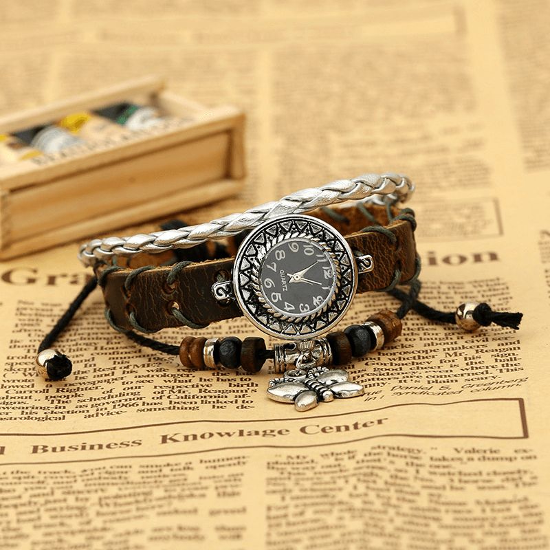 Deffrun Vintage Ko Læder Kvinder Armbånd Watch Butterfly Pendant Small Dial Quartz ur