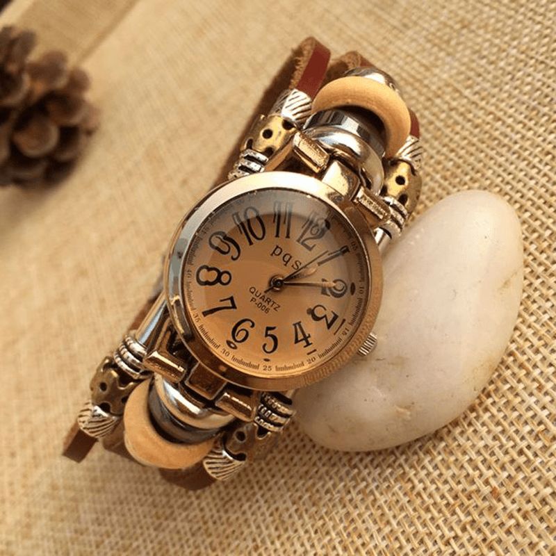 Deffrun Vintage Simple Dial Kvinder Armbånd Watch Alloy Case Multilayer Quartz ur