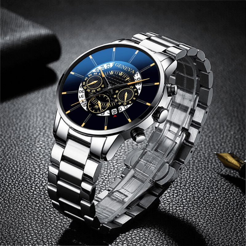 Dekoreret Pointer Business Style Mænd Watch Calendar Rustfrit Stål Band Quartz ur