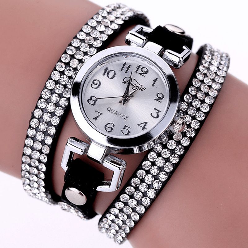 Duoya Casual Style Crystal Dame Armbåndsur Luksus Fint Læder Optræk Kvarts Ure