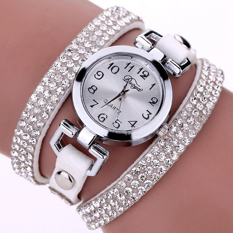 Duoya Casual Style Crystal Dame Armbåndsur Luksus Fint Læder Optræk Kvarts Ure