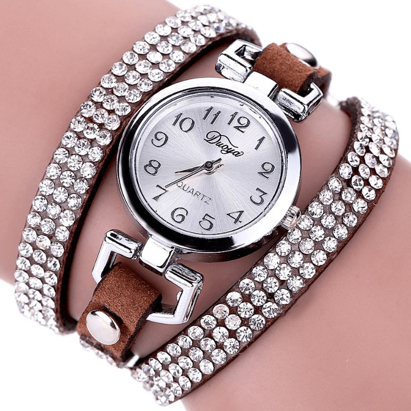 Duoya Casual Style Crystal Dame Armbåndsur Luksus Fint Læder Optræk Kvarts Ure