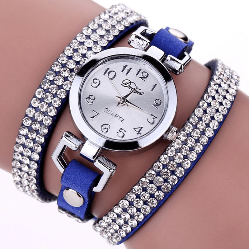 Duoya Casual Style Crystal Dame Armbåndsur Luksus Fint Læder Optræk Kvarts Ure