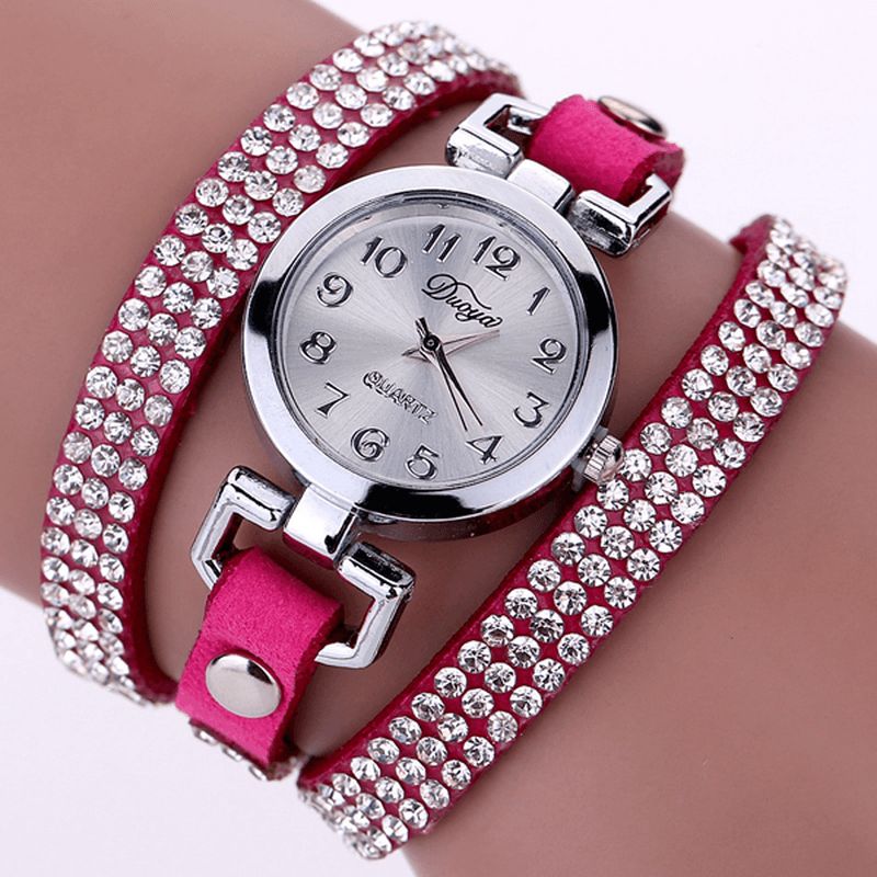 Duoya Casual Style Crystal Dame Armbåndsur Luksus Fint Læder Optræk Kvarts Ure