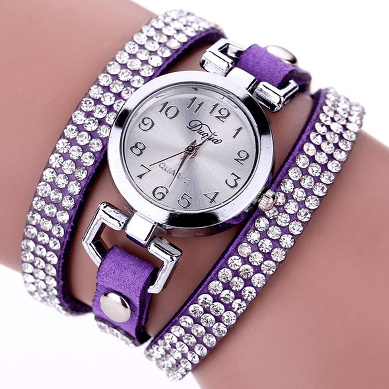 Duoya Casual Style Crystal Dame Armbåndsur Luksus Fint Læder Optræk Kvarts Ure