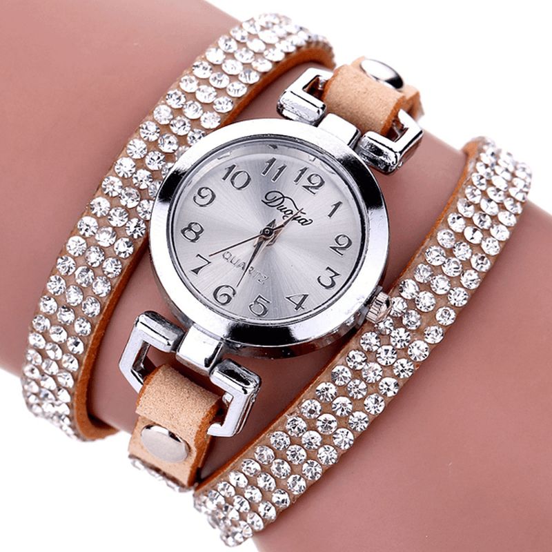 Duoya Casual Style Crystal Dame Armbåndsur Luksus Fint Læder Optræk Kvarts Ure