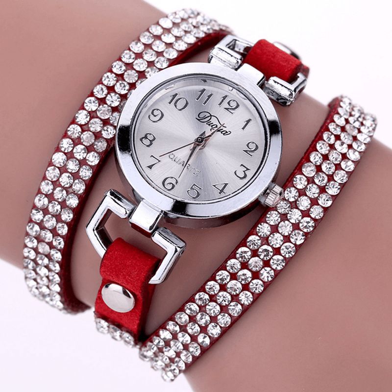 Duoya Casual Style Crystal Dame Armbåndsur Luksus Fint Læder Optræk Kvarts Ure