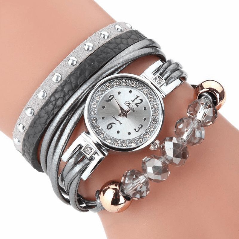 Duoya D214 Crystal Casual Style Kvinder Armbånd Watch Gave Læderrem Quartz ur