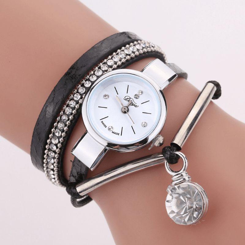 Duoya D254 Crystal Pendant Dame Armbåndsur Retro Style Læderrem Quartz ur