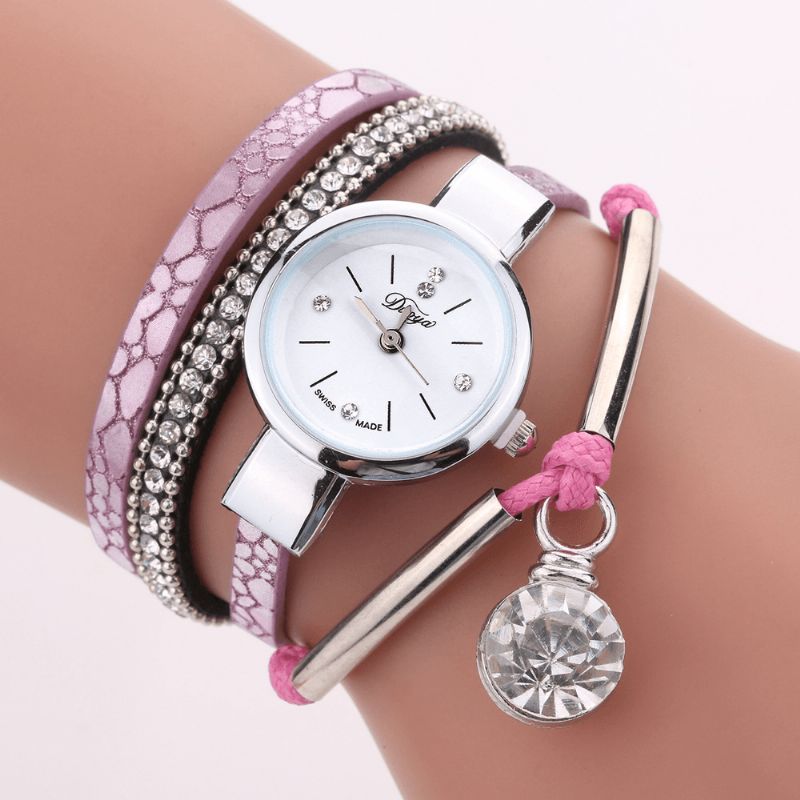 Duoya D254 Crystal Pendant Dame Armbåndsur Retro Style Læderrem Quartz ur