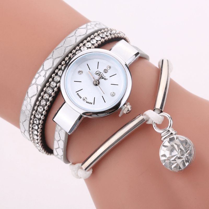 Duoya D254 Crystal Pendant Dame Armbåndsur Retro Style Læderrem Quartz ur