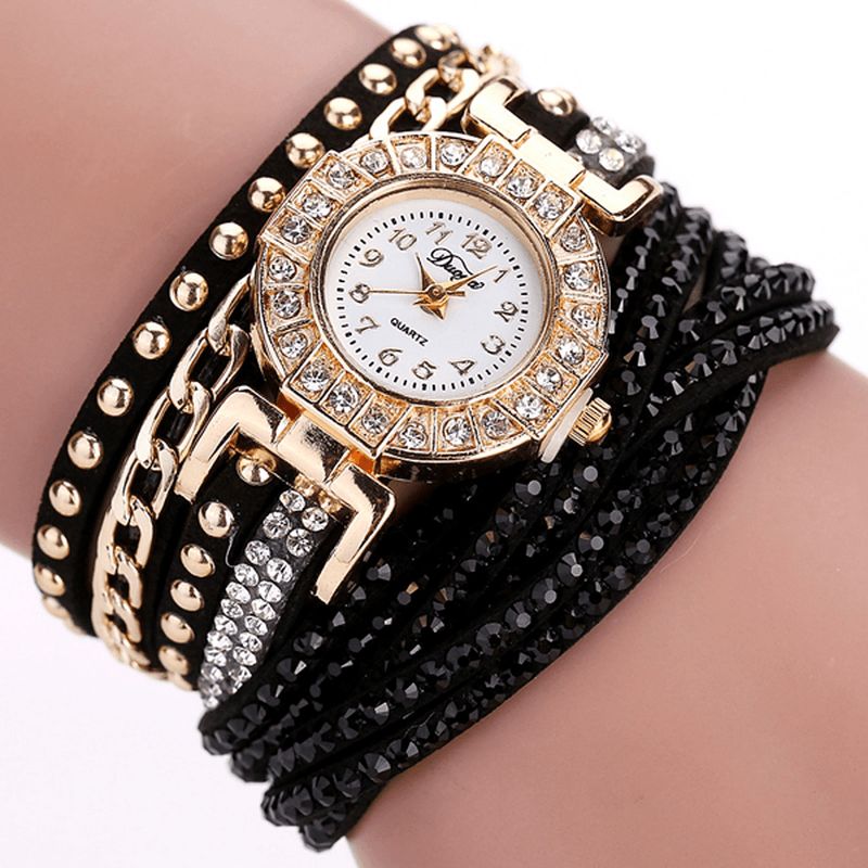 Duoya Luxury Nation Style Crystal Gold Armbåndsur Dame Vintage Quartz Armbåndsure