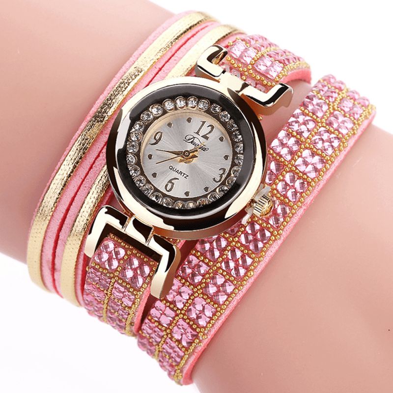 Duoya Mode Style Læderbånd Armbånd Optrækbare Rhinestones Urskive Quartz Moement Dameure