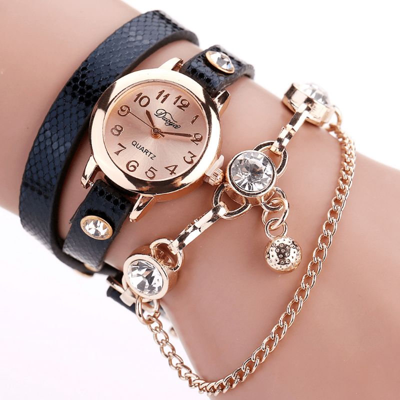 Duoya Retro Style Pendant Armbånd Ur Rose Guld Urkasse Læderrem Quartz Ure