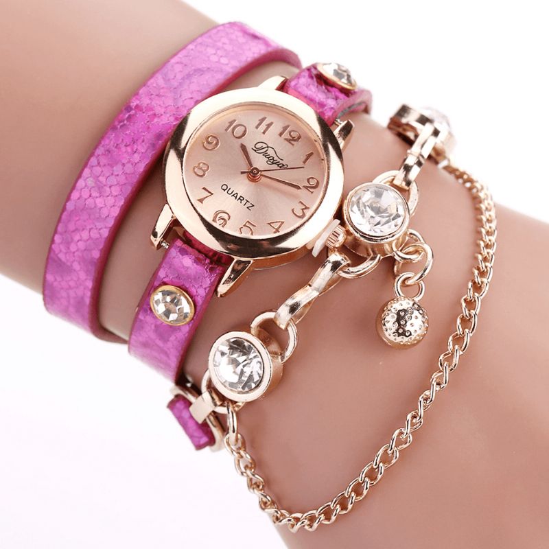 Duoya Retro Style Pendant Armbånd Ur Rose Guld Urkasse Læderrem Quartz Ure