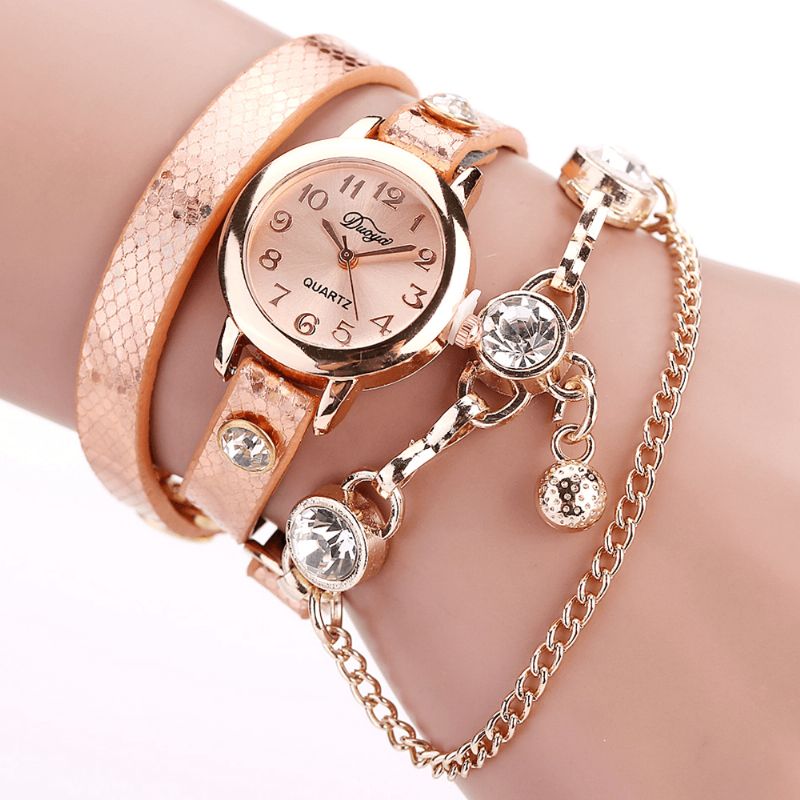 Duoya Retro Style Pendant Armbånd Ur Rose Guld Urkasse Læderrem Quartz Ure