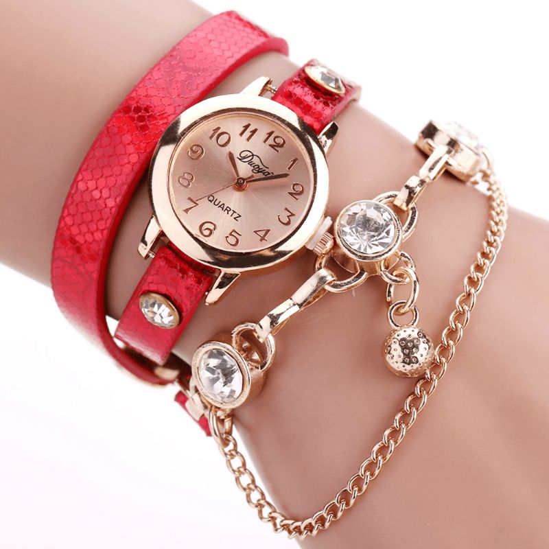 Duoya Retro Style Pendant Armbånd Ur Rose Guld Urkasse Læderrem Quartz Ure