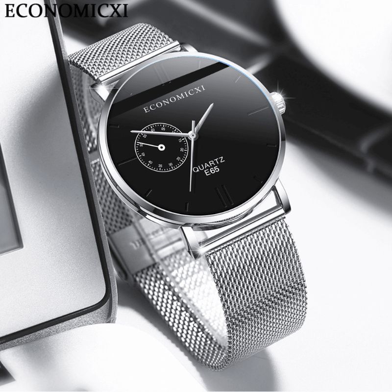 Economicxi E65 Casual Style Ultra Tynde Armbåndsure Til Mænd Mesh Steel Band Quartz Ure