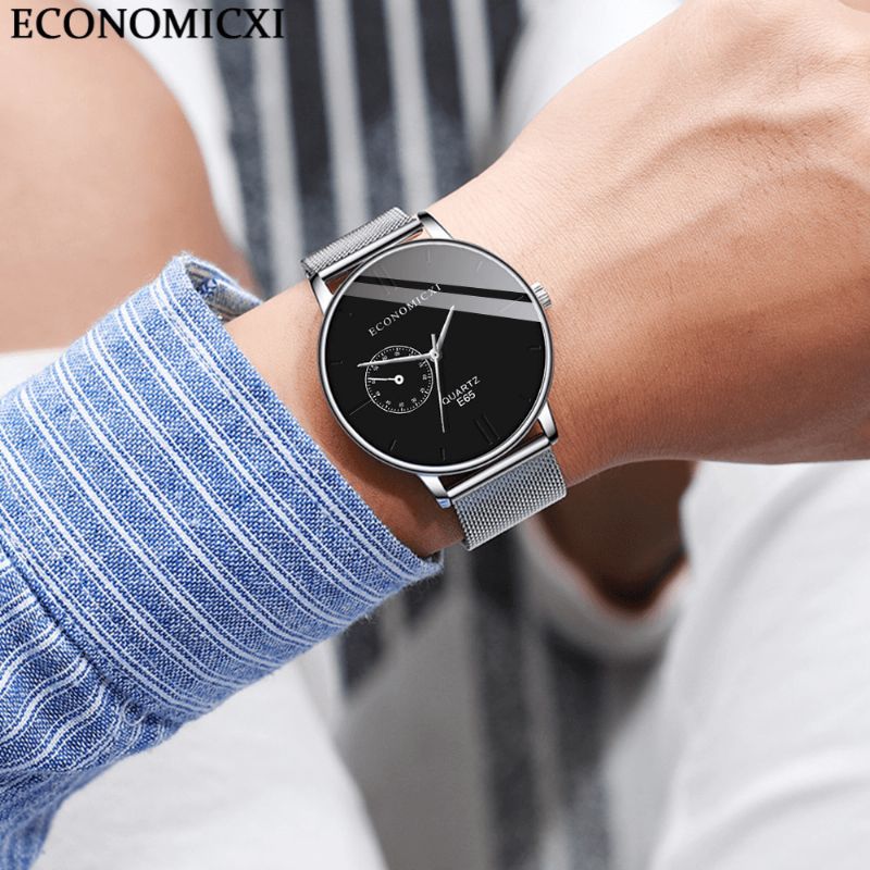 Economicxi E65 Casual Style Ultra Tynde Armbåndsure Til Mænd Mesh Steel Band Quartz Ure