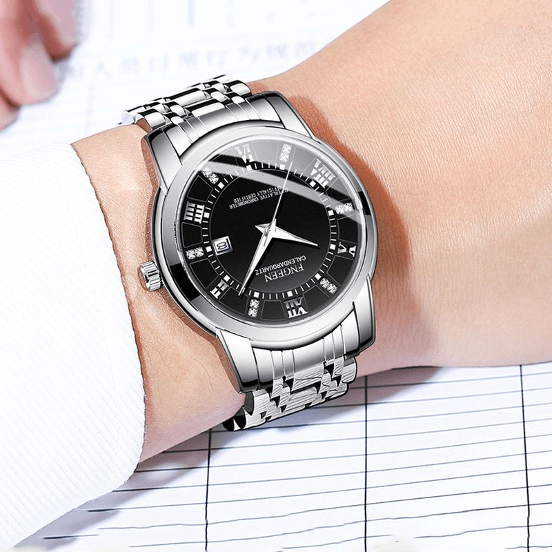 Fngeen 2081 Mode Business Diamond Dial Lysende Pointer Kalender Dato Visning Stål / Pu Læderrem Vandtæt Herre Quartz ur