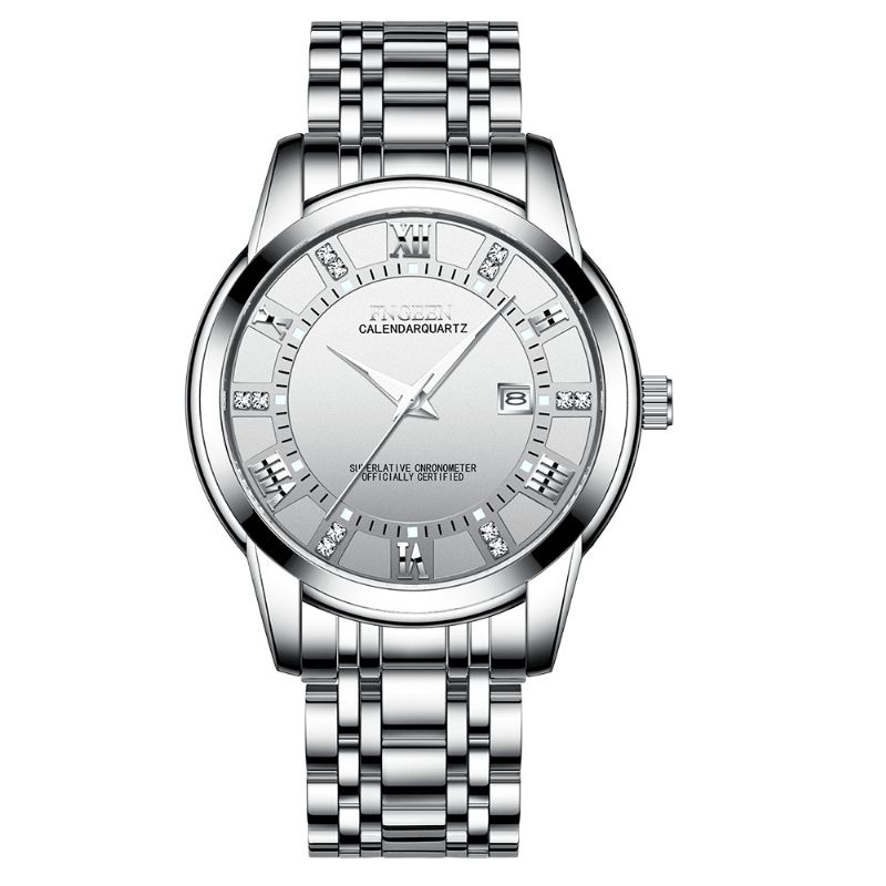 Fngeen 2081 Mode Business Diamond Dial Lysende Pointer Kalender Dato Visning Stål / Pu Læderrem Vandtæt Herre Quartz ur