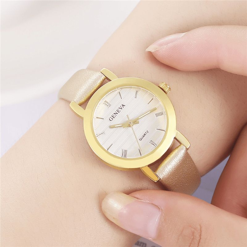 Geneve Simple Style Metal Case Læderrem Farve Kvinder Quartz ur