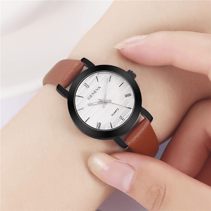 Geneve Simple Style Metal Case Læderrem Farve Kvinder Quartz ur