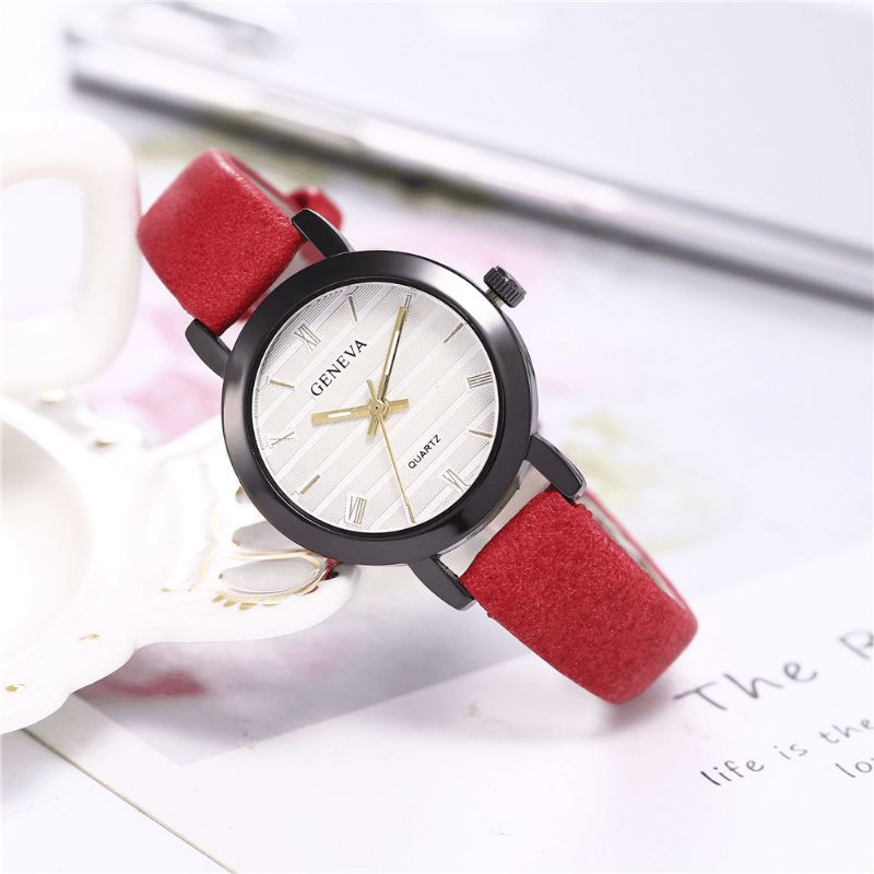 Geneve Simple Style Metal Case Læderrem Farve Kvinder Quartz ur