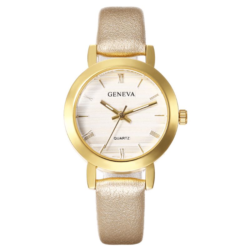 Geneve Simple Style Metal Case Læderrem Farve Kvinder Quartz ur