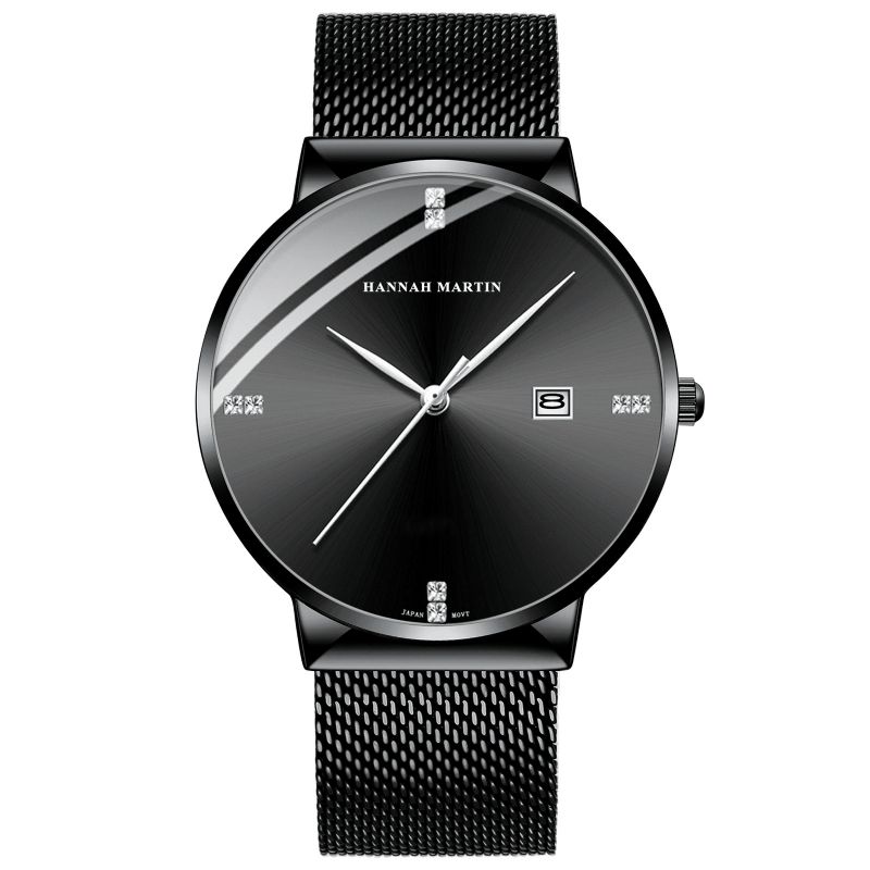 Hannah Martin Hm901 Business Casual Diamond Rustfrit Stål Mesh-Rem Datovisning Vandtæt Herrearmbåndsur Quartz Ure