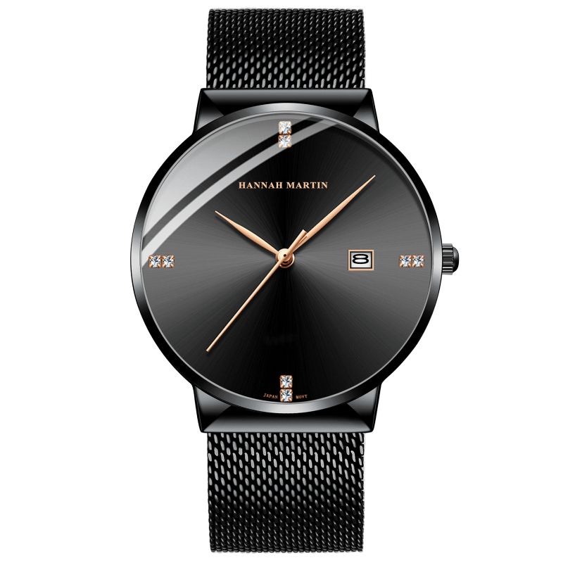 Hannah Martin Hm901 Business Casual Diamond Rustfrit Stål Mesh-Rem Datovisning Vandtæt Herrearmbåndsur Quartz Ure